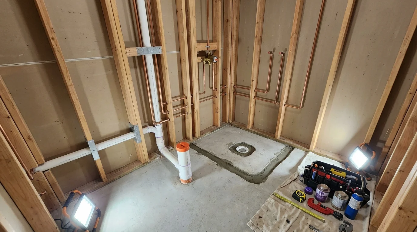Bathroom rough-in plumbing during remodel by Johns Plumbing LLC in Mineral Ridge