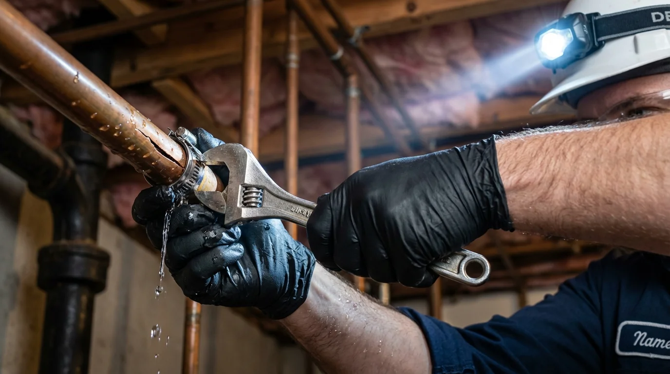 Emergency pipe clamp repair being performed by a Johns Plumbing LLC plumber in Mineral Ridge