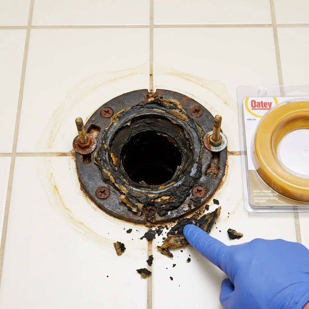Failed wax ring showing water seepage at the base of a toilet in a Mineral Ridge, OH home