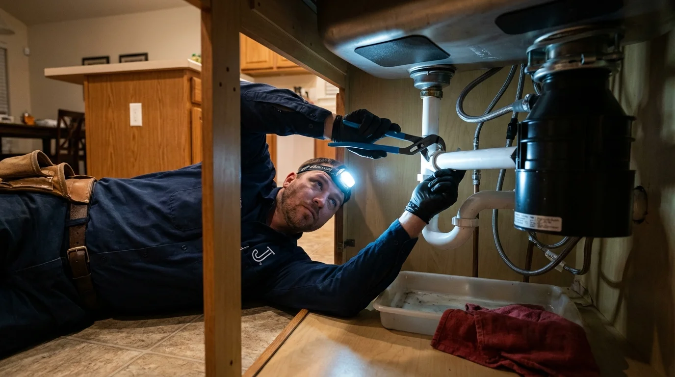 P-trap and supply line connections under a kitchen sink showing a common leak point in Mineral Ridge, OH